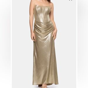 Betsy & Adam Strapless Gold Gown